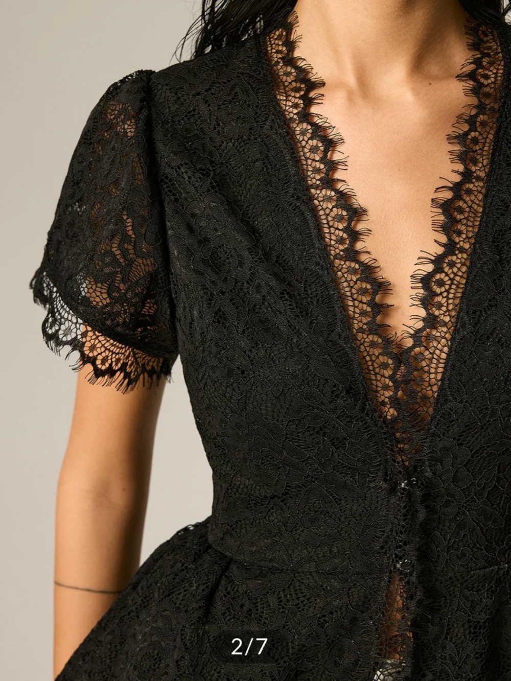 Commens V Neck Lace Peplum Short Sleeve Top - Picture 2 of 10